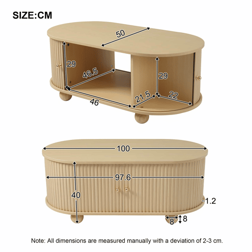 Mesa de centro ovalada com arrumação - Móvel multifuncional com portas de correr - Cor madeira