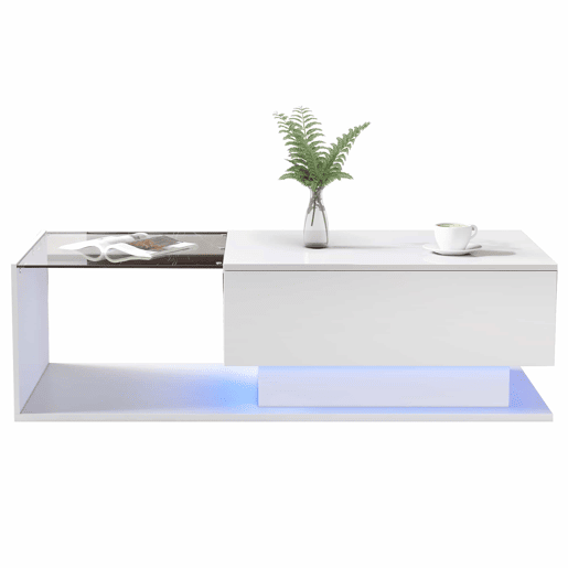Mesa de centro 100x50x32 cm - com tampo de vidro e gavetas, resistente a riscos, com 1 gaveta, com iluminação LED, estilo moderno - Branco hochglanz