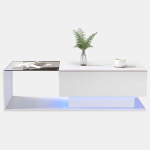 Mesa de centro 100x50x32 cm - com tampo de vidro e gavetas, resistente a riscos, com 1 gaveta, com iluminação LED, estilo moderno - Branco hochglanz