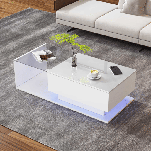 Mesa de centro 100x50x32 cm - com tampo de vidro e gavetas, resistente a riscos, com 1 gaveta, com iluminação LED, estilo moderno - Branco hochglanz