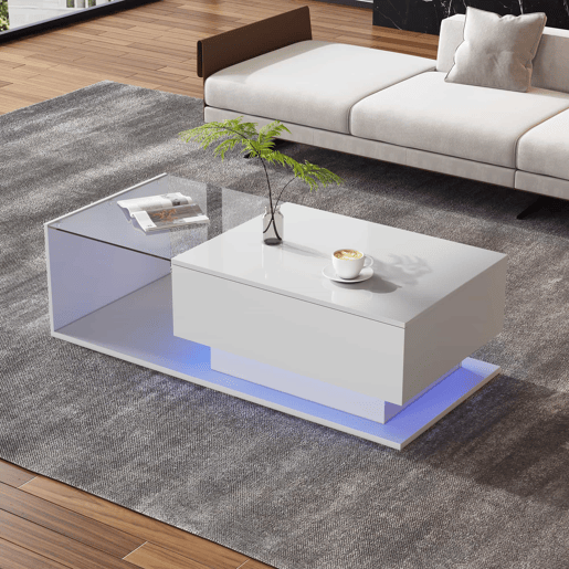 Mesa de centro 100x50x32 cm - com tampo de vidro e gavetas, resistente a riscos, com 1 gaveta, com iluminação LED, estilo moderno - Branco hochglanz