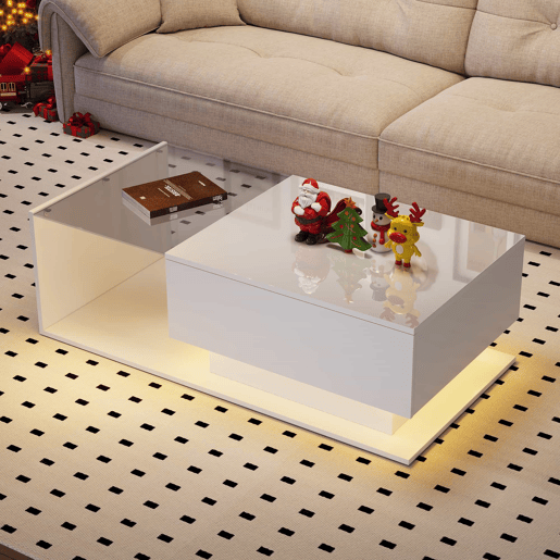 Mesa de centro 100x50x32 cm - com tampo de vidro e gavetas, resistente a riscos, com 1 gaveta, com iluminação LED, estilo moderno - Branco hochglanz