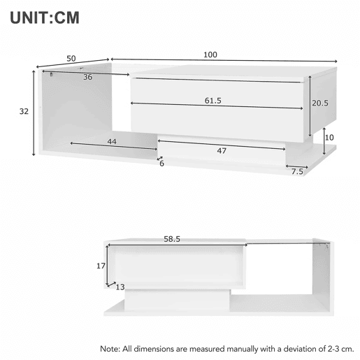 Mesa de centro 100x50x32 cm - com tampo de vidro e gavetas, resistente a riscos, com 1 gaveta, com iluminação LED, estilo moderno - Branco hochglanz