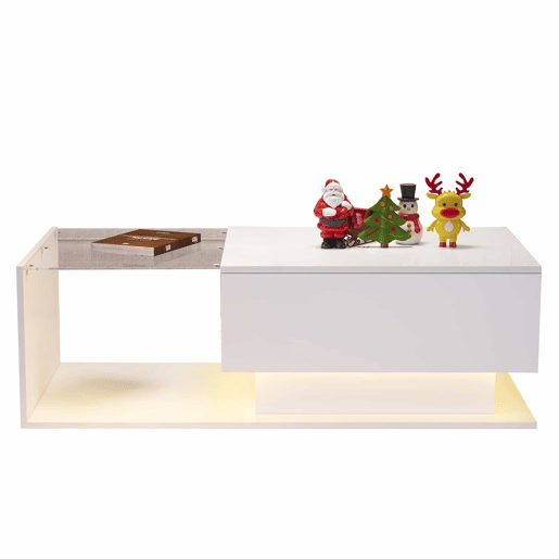 Mesa de centro 100x50x32 cm - com tampo de vidro e gavetas, resistente a riscos, com 1 gaveta, com iluminação LED, estilo moderno - Branco hochglanz