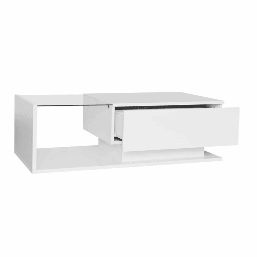 Mesa de centro 100x50x32 cm - com tampo de vidro e gavetas, resistente a riscos, com 1 gaveta, com iluminação LED, estilo moderno - Branco hochglanz