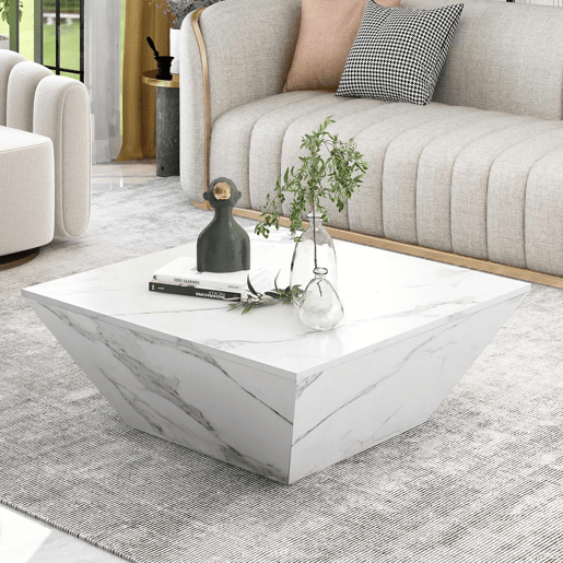 Mesa de centro moderna - com 2 gavetas - folheado a mármore - Branco