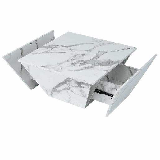 Mesa de centro moderna - com 2 gavetas - folheado a mármore - Branco