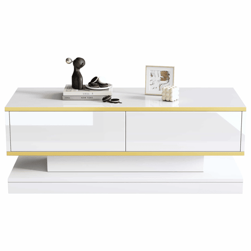 Mesa de centro 100x50x38 cm - Sofá com 2 gavetas grandes, mesa de sala única, borda dourada, cor branco quente