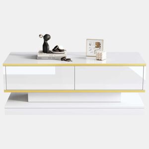 Mesa de centro 100x50x38 cm - Sofá com 2 gavetas grandes, mesa de sala única, borda dourada, cor branco quente