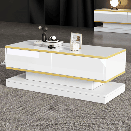 Mesa de centro 100x50x38 cm - Sofá com 2 gavetas grandes, mesa de sala única, borda dourada, cor branco quente