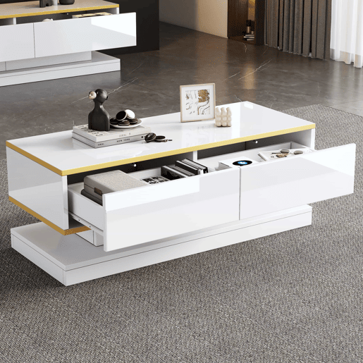 Mesa de centro 100x50x38 cm - Sofá com 2 gavetas grandes, mesa de sala única, borda dourada, cor branco quente