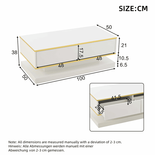 Mesa de centro 100x50x38 cm - Sofá com 2 gavetas grandes, mesa de sala única, borda dourada, cor branco quente