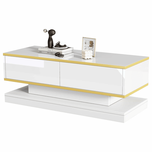 Mesa de centro 100x50x38 cm - Sofá com 2 gavetas grandes, mesa de sala única, borda dourada, cor branco quente