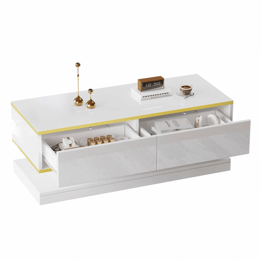 Mesa de centro 100x50x38 cm - Sofá com 2 gavetas grandes, mesa de sala única, borda dourada, cor branco quente
