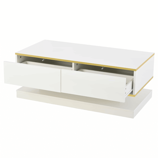 Mesa de centro 100x50x38 cm - Sofá com 2 gavetas grandes, mesa de sala única, borda dourada, cor branco quente