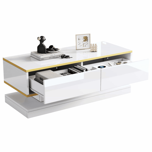 Mesa de centro 100x50x38 cm - Sofá com 2 gavetas grandes, mesa de sala única, borda dourada, cor branco quente