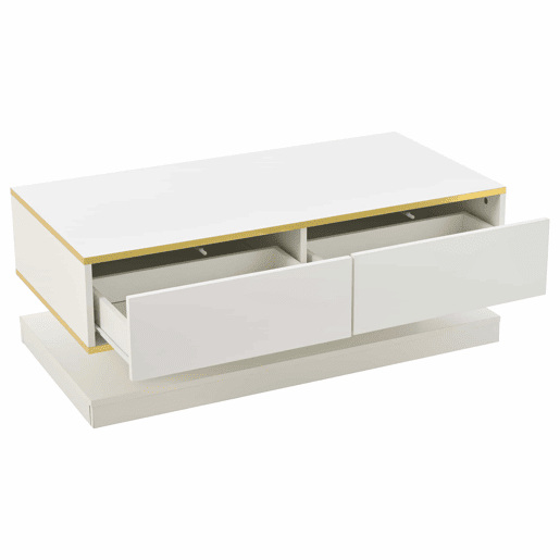 Mesa de centro 100x50x38 cm - Sofá com 2 gavetas grandes, mesa de sala única, borda dourada, cor branco quente