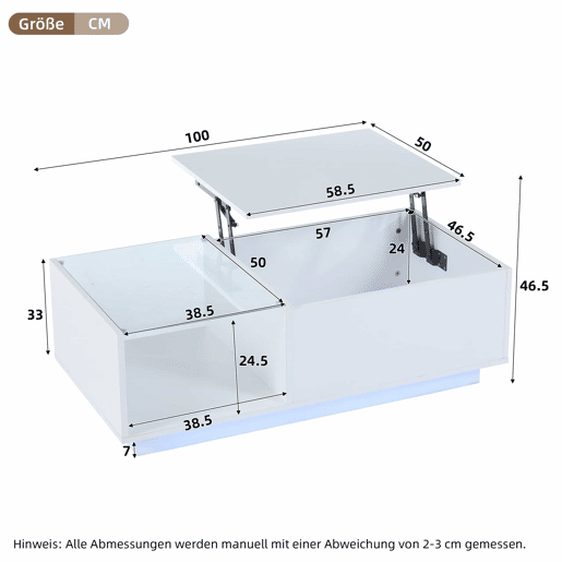 Mesa de café elevável 50x100x(33-46,5) cm - Mesa de sala com arrumação oculta e prateleira - Branco