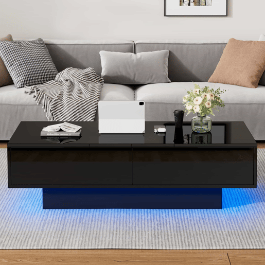 Mesa de centro moderna 115 x 55 x 34 cm - 2 gavetas, iluminação LED, capacidade para 30 kg - Preto Mesa de centro moderna 115 x 55 x 34 cm - 2 gavetas, iluminação LED, capacidade para 30 kg - Preto