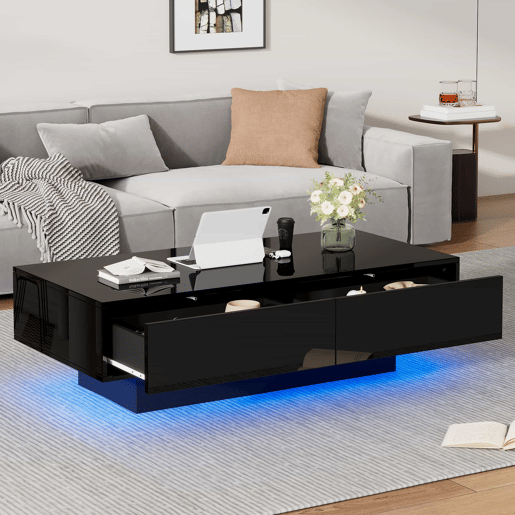 Mesa de centro moderna 115 x 55 x 34 cm - 2 gavetas, iluminação LED, capacidade para 30 kg - Preto Mesa de centro moderna 115 x 55 x 34 cm - 2 gavetas, iluminação LED, capacidade para 30 kg - Preto