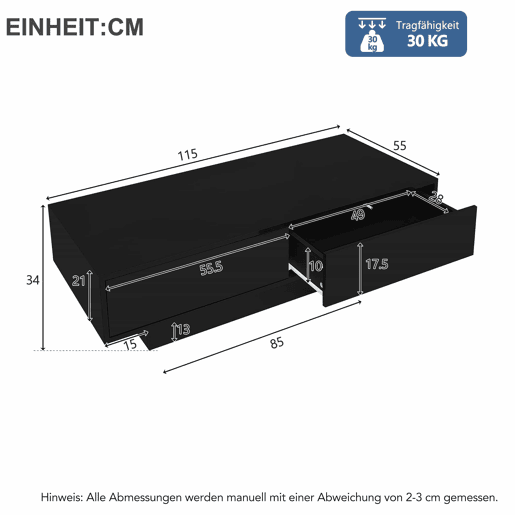 Mesa de centro moderna 115 x 55 x 34 cm - 2 gavetas, iluminação LED, capacidade para 30 kg - Preto Mesa de centro moderna 115 x 55 x 34 cm - 2 gavetas, iluminação LED, capacidade para 30 kg - Preto