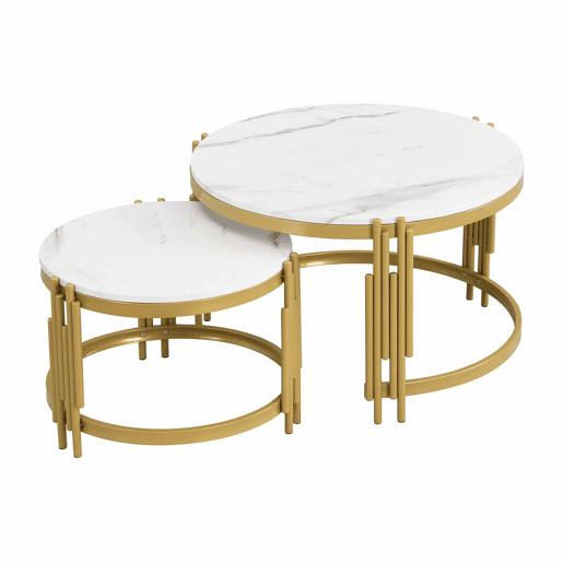 Conjunto de 2 mesas de centro - efeito mármore - estrutura metálica - Branco e dourado