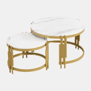 Conjunto de 2 mesas de centro - efeito mármore - estrutura metálica - Branco e dourado