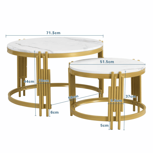 Conjunto de 2 mesas de centro - efeito mármore - estrutura metálica - Branco e dourado
