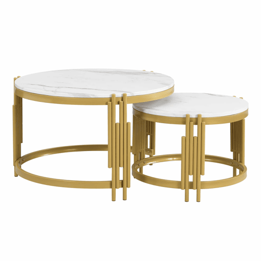 Conjunto de 2 mesas de centro - efeito mármore - estrutura metálica - Branco e dourado