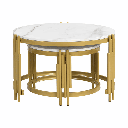 Conjunto de 2 mesas de centro - efeito mármore - estrutura metálica - Branco e dourado