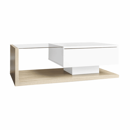 Mesa de centro - Características de alto brilho e madeira - Cor branca + natural Mesa de centro - Características de alto brilho e madeira - Cor branca + natural