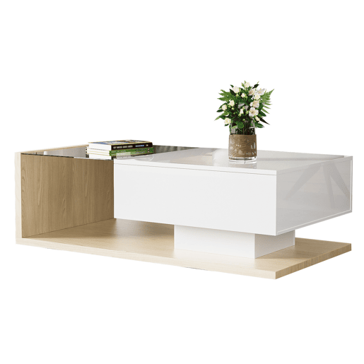 Mesa de centro - Características de alto brilho e madeira - Cor branca + natural Mesa de centro - Características de alto brilho e madeira - Cor branca + natural