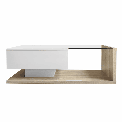 Mesa de centro - Características de alto brilho e madeira - Cor branca + natural Mesa de centro - Características de alto brilho e madeira - Cor branca + natural