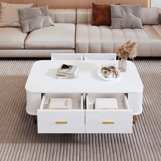 Mesa de centro com gavetas - cantos arredondados, laterais onduladas, puxadores e pés dourados - Branco