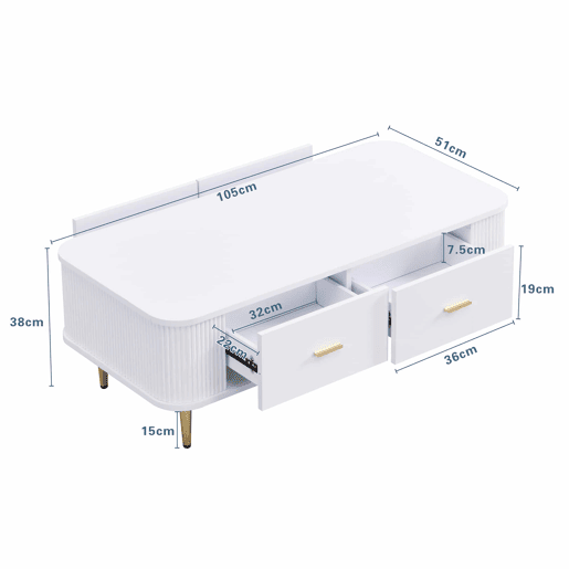 Mesa de centro com gavetas - cantos arredondados, laterais onduladas, puxadores e pés dourados - Branco