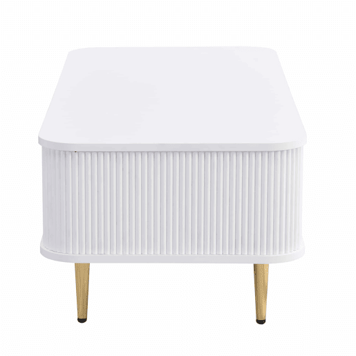 Mesa de centro com gavetas - cantos arredondados, laterais onduladas, puxadores e pés dourados - Branco