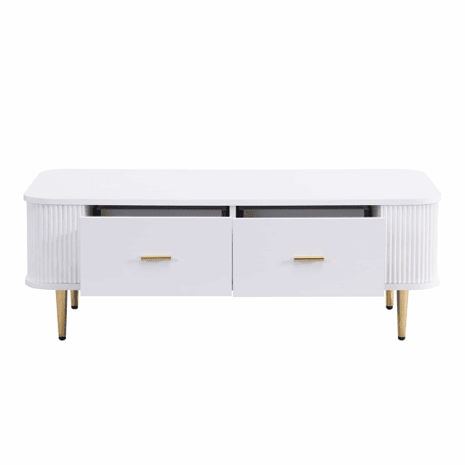 Mesa de centro com gavetas - cantos arredondados, laterais onduladas, puxadores e pés dourados - Branco