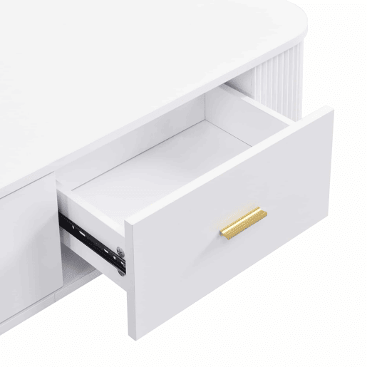 Mesa de centro com gavetas - cantos arredondados, laterais onduladas, puxadores e pés dourados - Branco