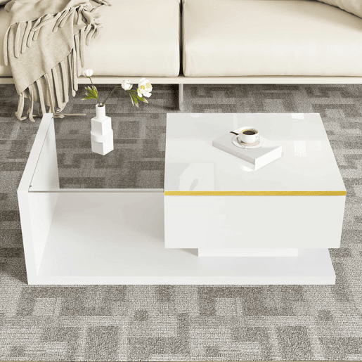 Mesa de centro 90 cm - Com vidro e efeito LED - Branco brilhante Mesa de centro 90 cm - Com vidro e efeito LED - Branco brilhante