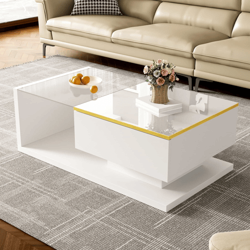 Mesa de centro 90 cm - Com vidro e efeito LED - Branco brilhante Mesa de centro 90 cm - Com vidro e efeito LED - Branco brilhante