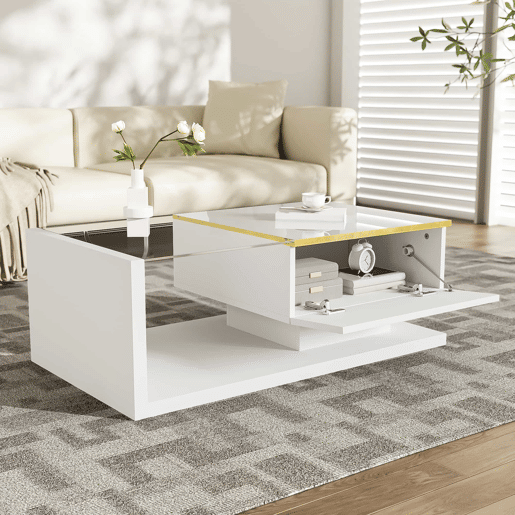 Mesa de centro 90 cm - Com vidro e efeito LED - Branco brilhante Mesa de centro 90 cm - Com vidro e efeito LED - Branco brilhante