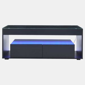 Mesa de café retangular - 16 cores LED, 2 gavetas grandes, design de 2 camadas - Preto