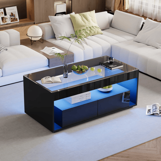 Mesa de café retangular - 16 cores LED, 2 gavetas grandes, design de 2 camadas - Preto Mesa de café retangular - 16 cores LED, 2 gavetas grandes, design de 2 camadas - Preto