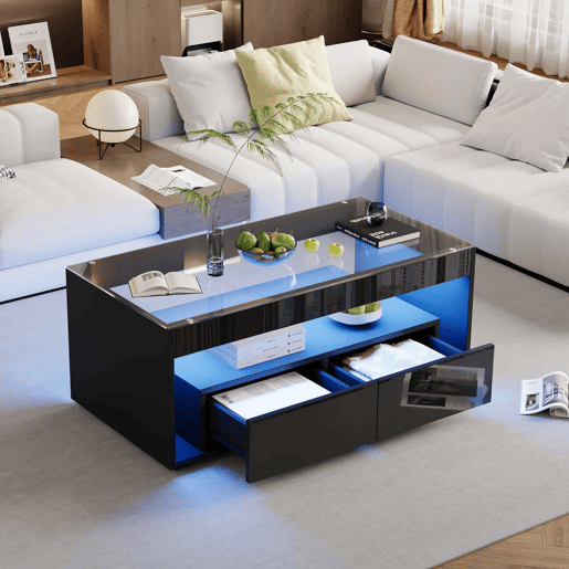 Mesa de café retangular - 16 cores LED, 2 gavetas grandes, design de 2 camadas - Preto Mesa de café retangular - 16 cores LED, 2 gavetas grandes, design de 2 camadas - Preto