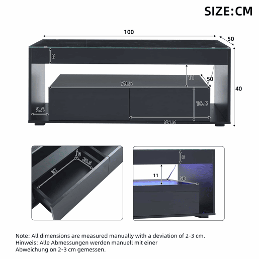 Mesa de café retangular - 16 cores LED, 2 gavetas grandes, design de 2 camadas - Preto Mesa de café retangular - 16 cores LED, 2 gavetas grandes, design de 2 camadas - Preto