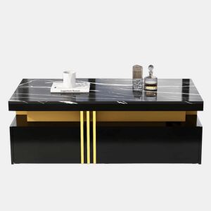 Mesa de centro com 2 gavetas - tampo com padrão de mármore - estilo escandinavo - Preto