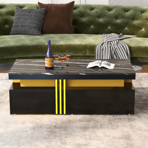 Mesa de centro com 2 gavetas - tampo com padrão de mármore - estilo escandinavo - Preto