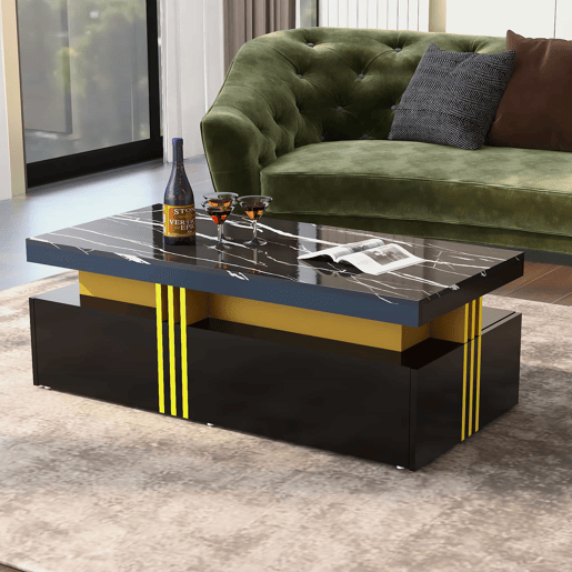 Mesa de centro com 2 gavetas - tampo com padrão de mármore - estilo escandinavo - Preto