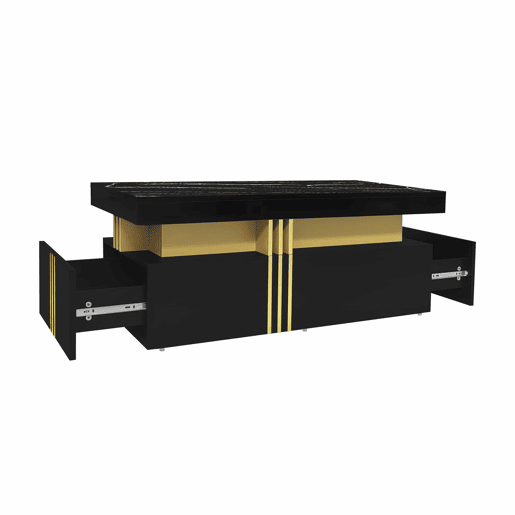 Mesa de centro com 2 gavetas - tampo com padrão de mármore - estilo escandinavo - Preto