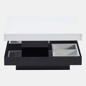 Mesa de centro com arrumação 70x70x36 cm - Tampo brilhante rotativo 360° - Preto e branco